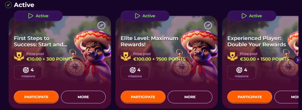 Vivajack active missions with prize pools, points and participation rewards