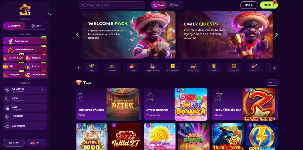 Vivajack homepage with slot games, welcome bonus banner and navigation menu