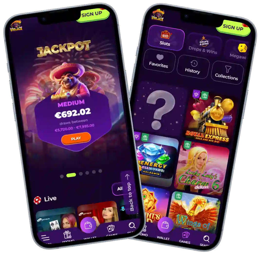 Vivajack mobile casino interface with jackpot screen and slot games on smartphone