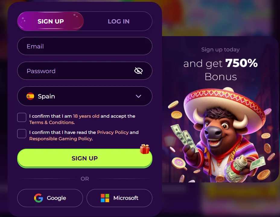 Vivajack sign up form with email, password and 750% bonus promotion