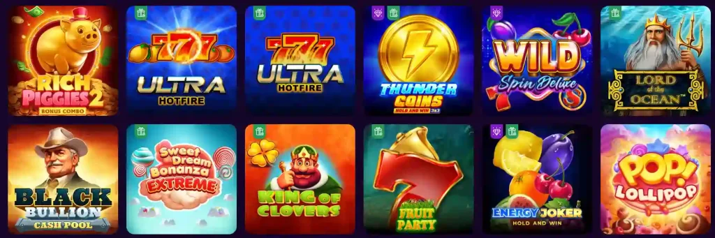 Vivajack slot games selection with popular titles and colorful game icons