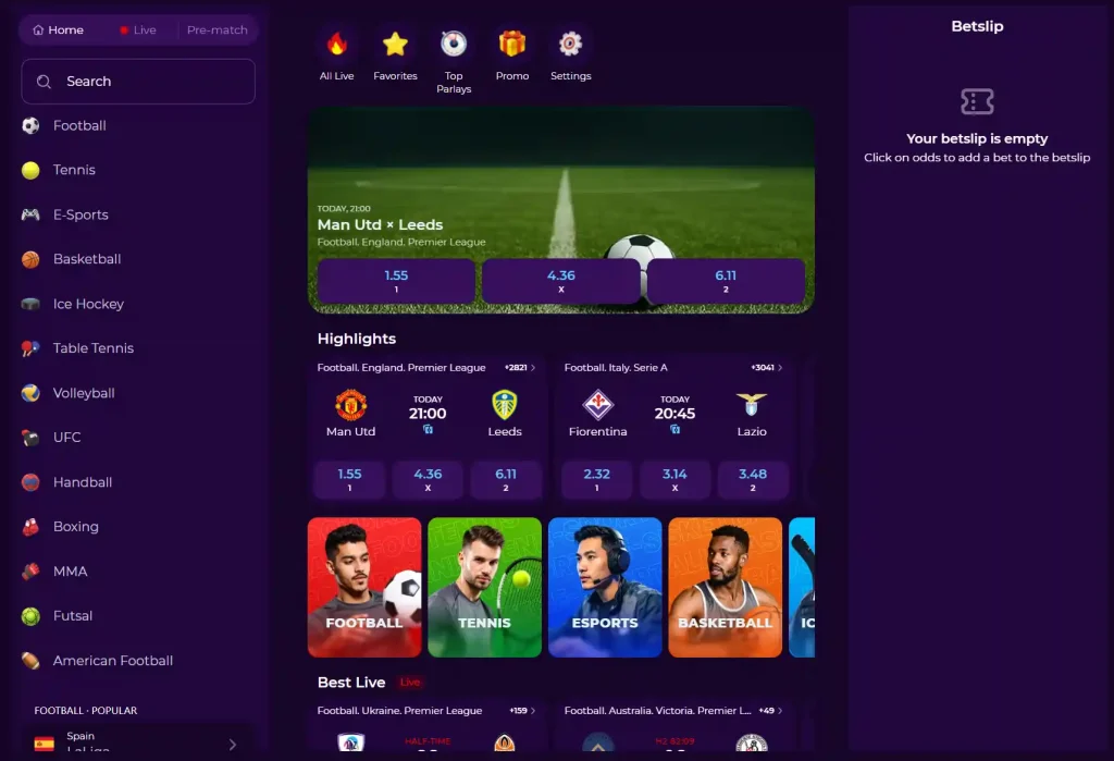 Vivajack sportsbook interface with live matches, odds, and empty betslip panel