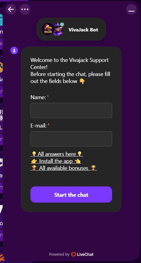 Vivajack support chat interface with bot, contact form and start chat button